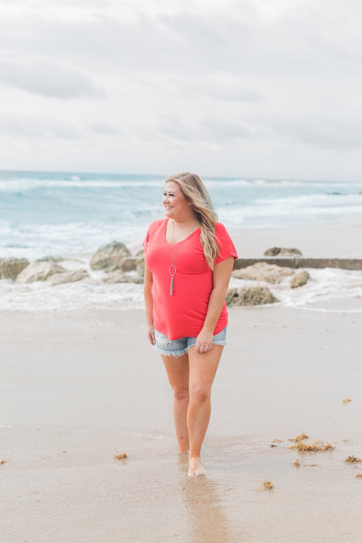 Solid V-Neck Pocket Top- Strawberry Pink