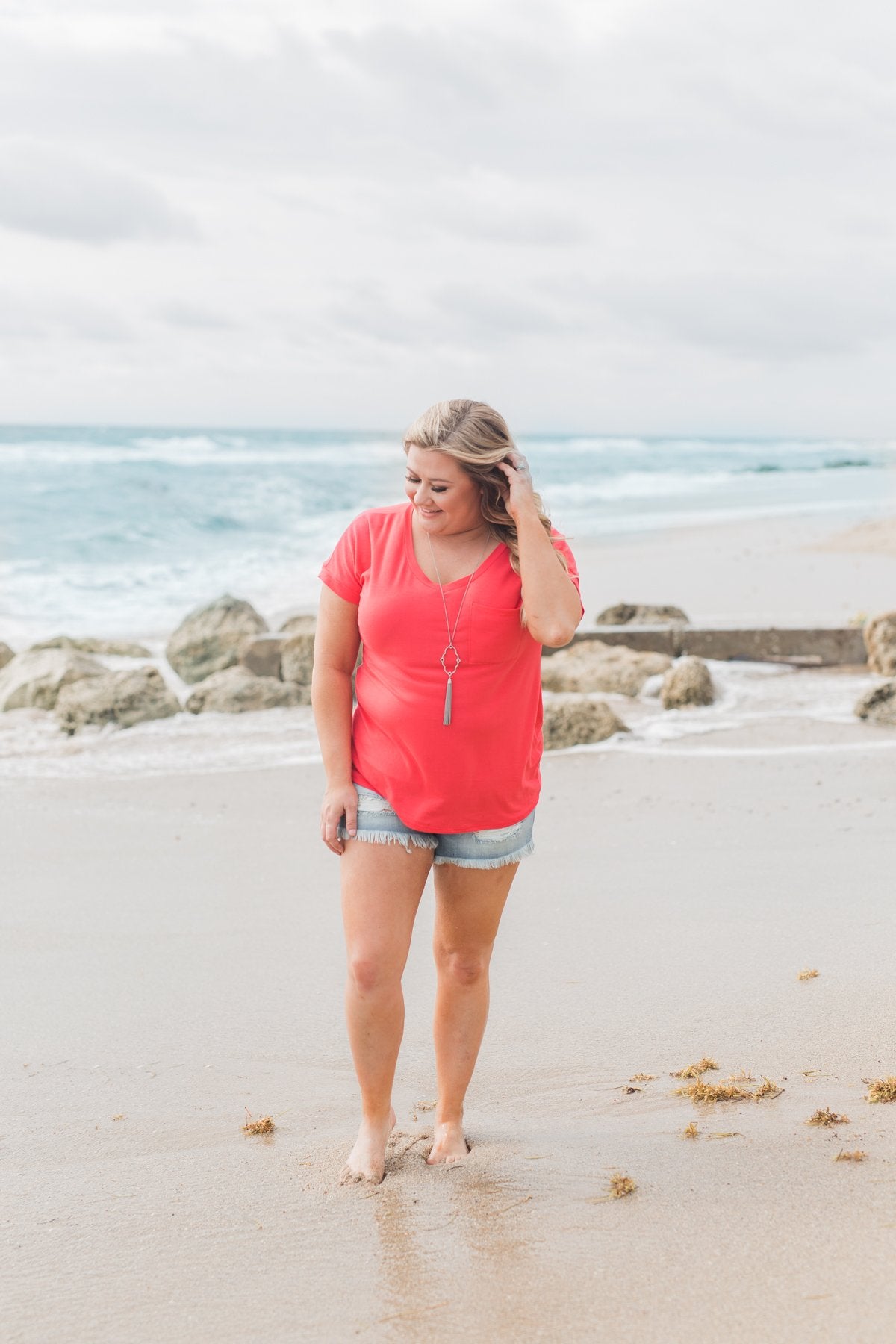 Solid V-Neck Pocket Top- Strawberry Pink