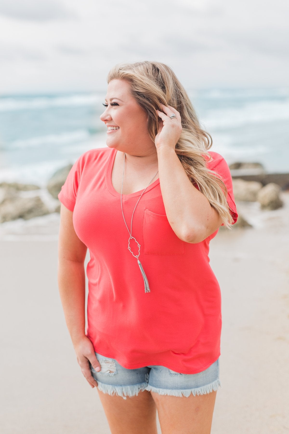 Solid V-Neck Pocket Top- Strawberry Pink