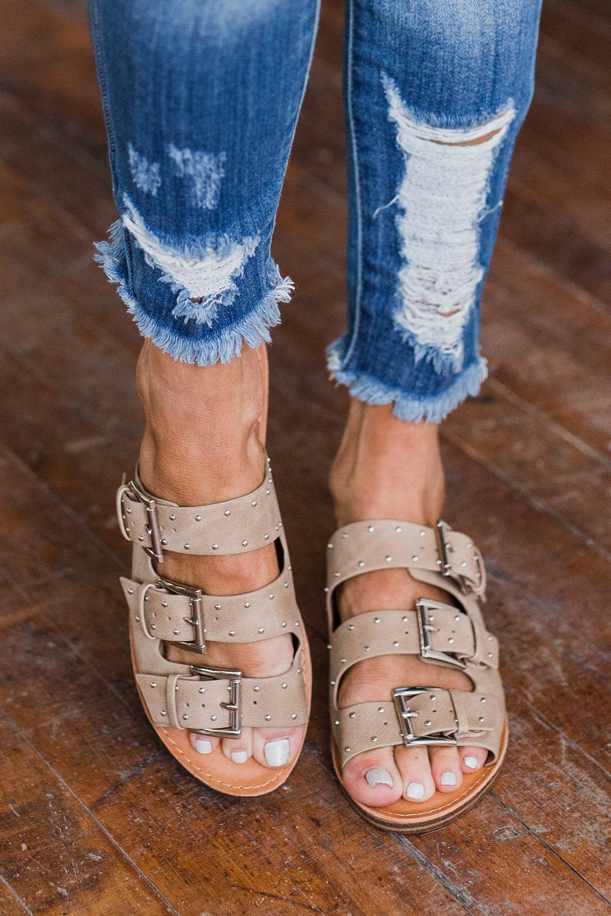 Soda Studded Slip On Sandals- Camel