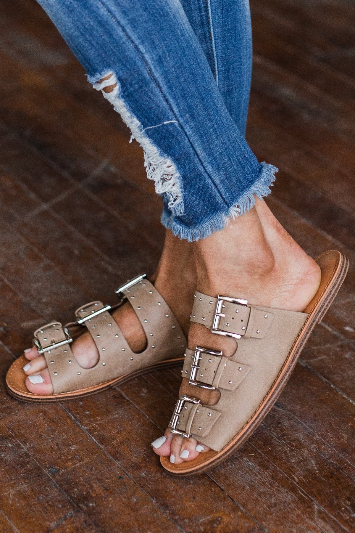 Soda Studded Slip On Sandals- Camel