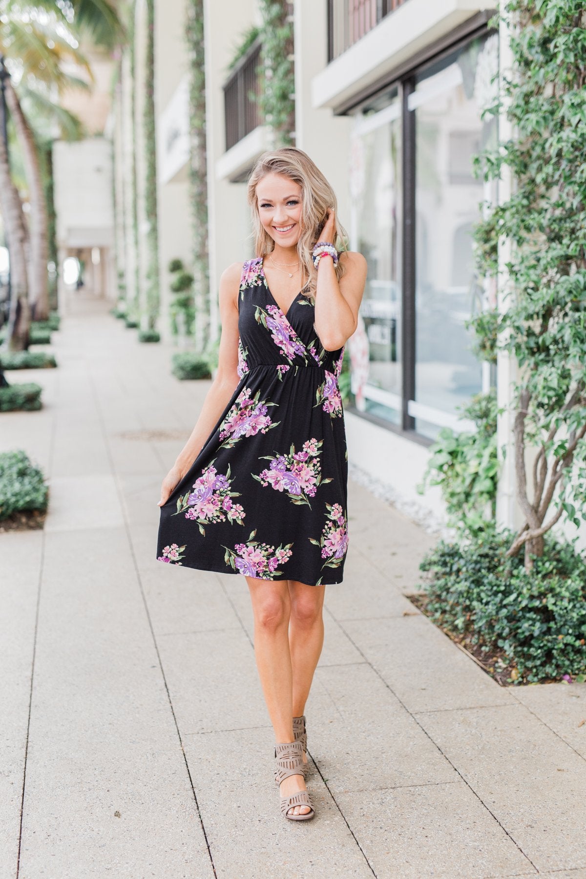 Blooming Beauty Sleeveless Floral Dress- Black