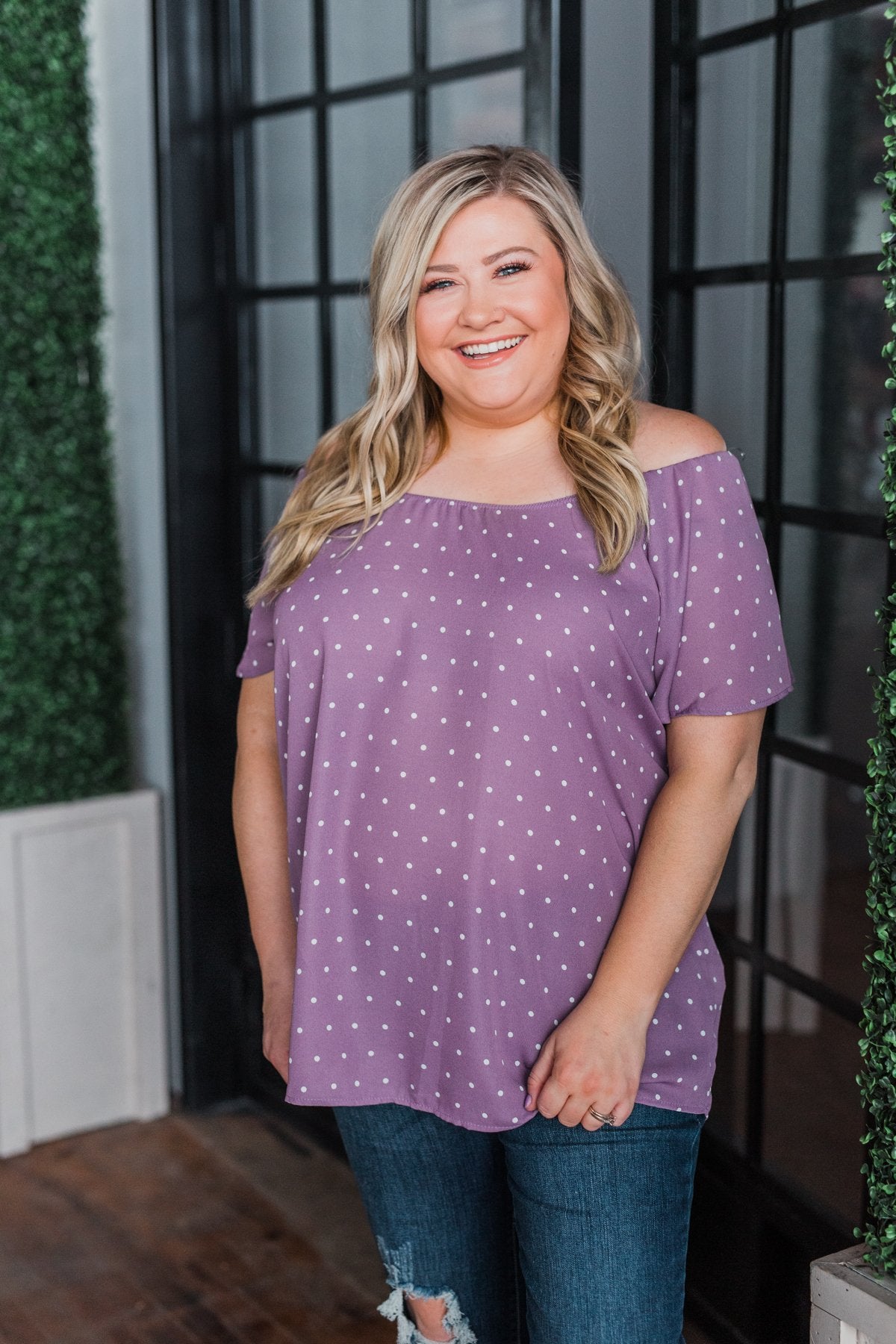 In The Spot Light Polka Dot Top- Dusty Purple