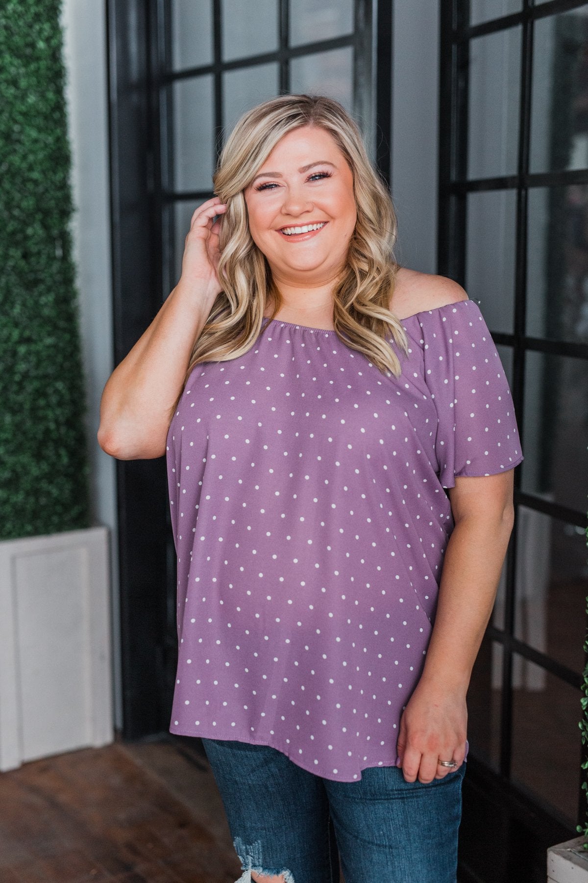 In The Spot Light Polka Dot Top- Dusty Purple