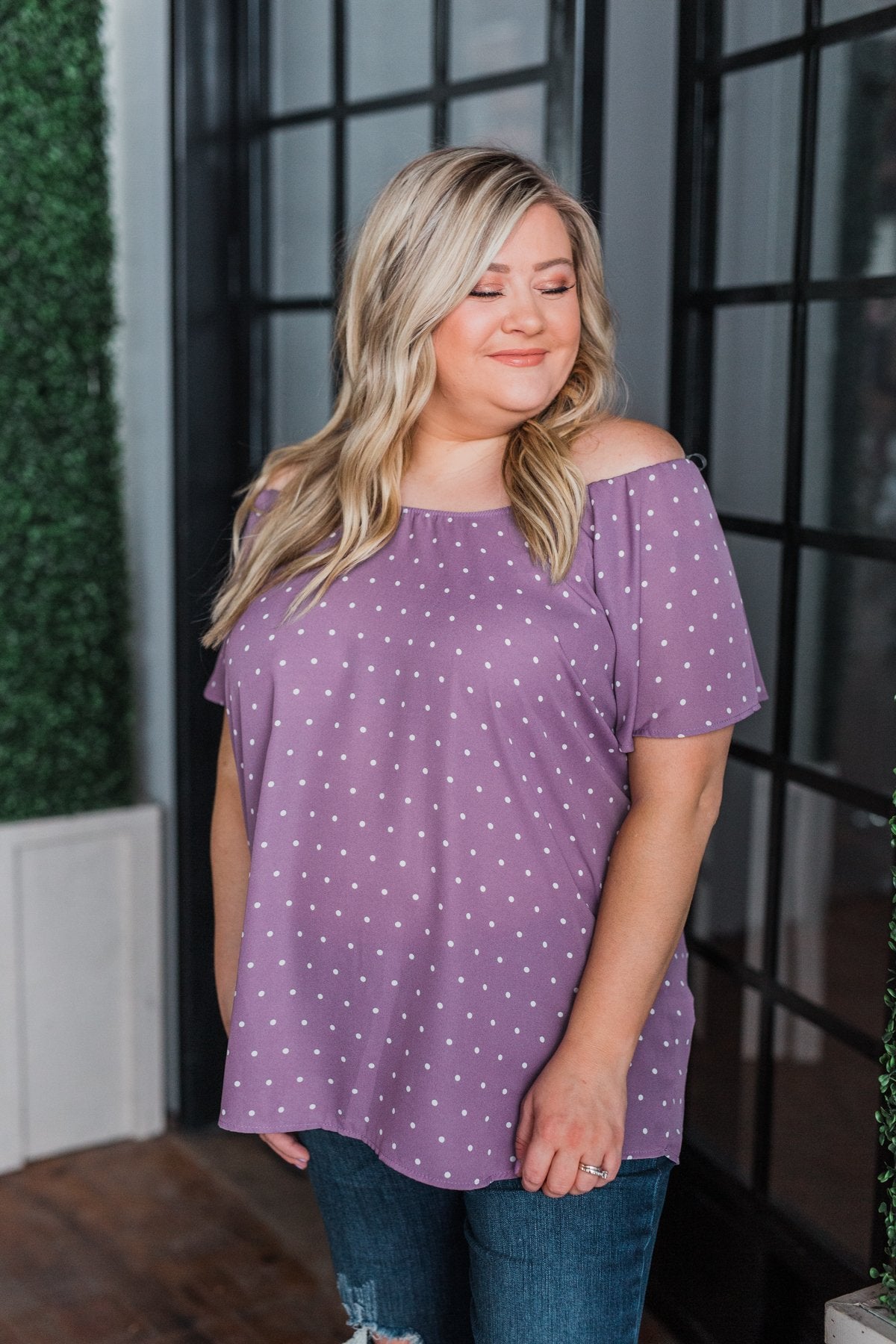 In The Spot Light Polka Dot Top- Dusty Purple
