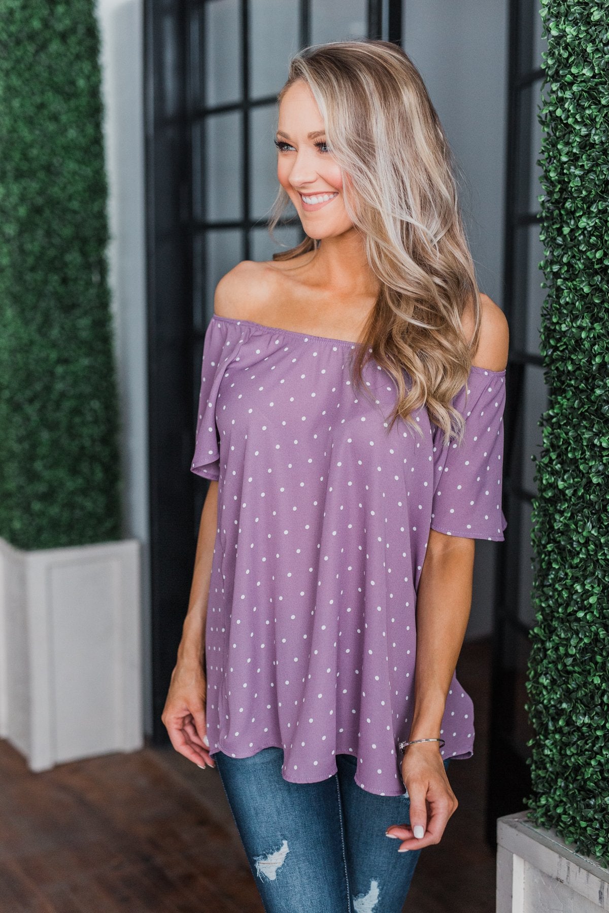 In The Spot Light Polka Dot Top- Dusty Purple