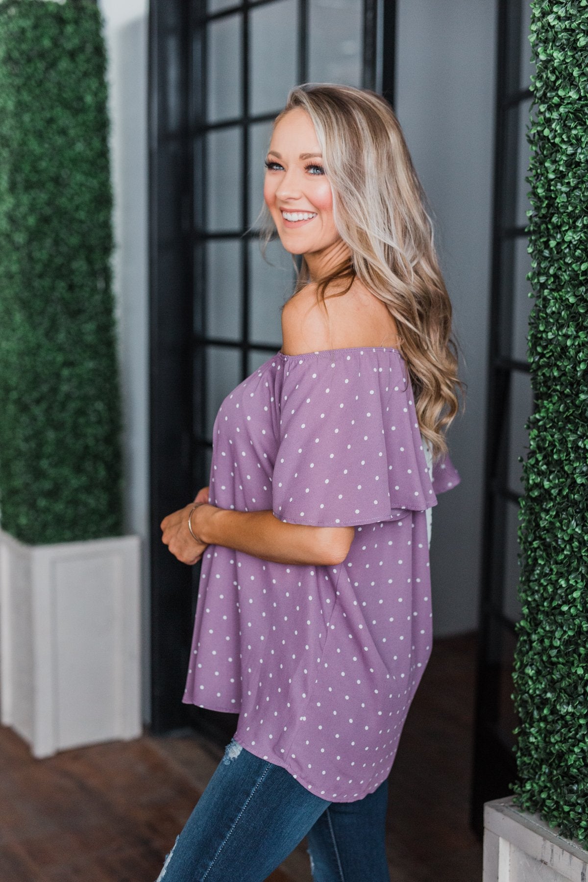 In The Spot Light Polka Dot Top- Dusty Purple