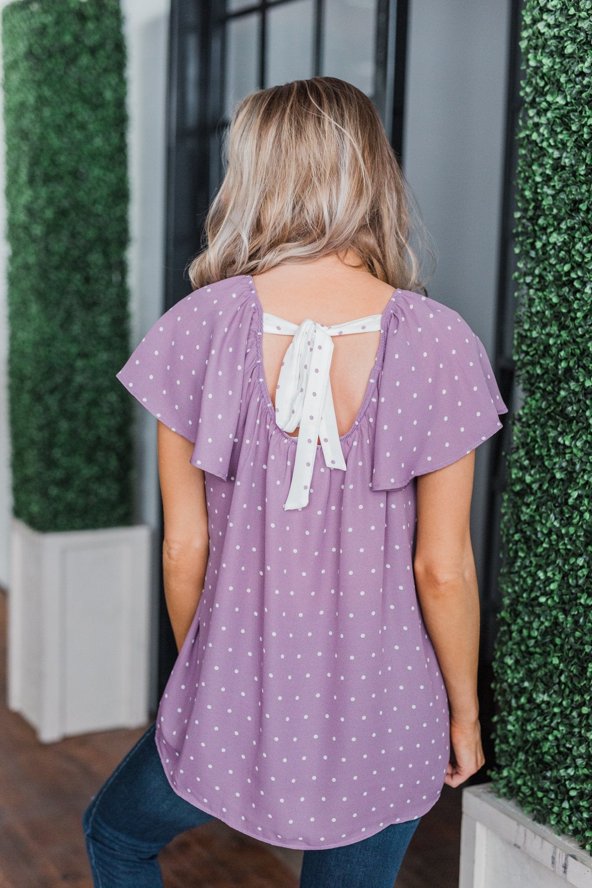 purple polka dot top