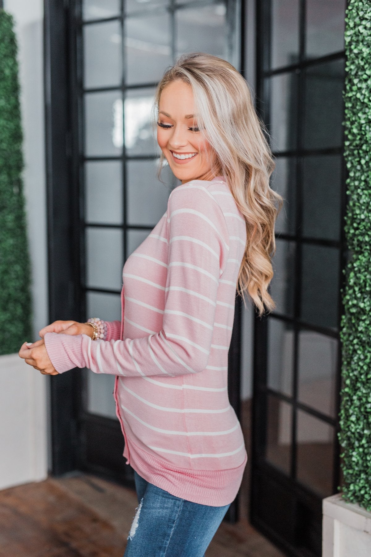 Everyday Striped Button Cardigan- Light Pink & Ivory