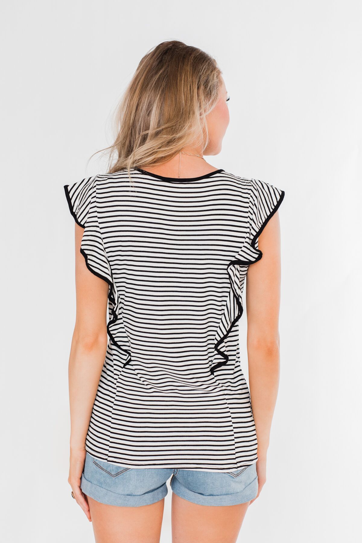 All The Good Things Striped Ruffle Top- Black & Ivory