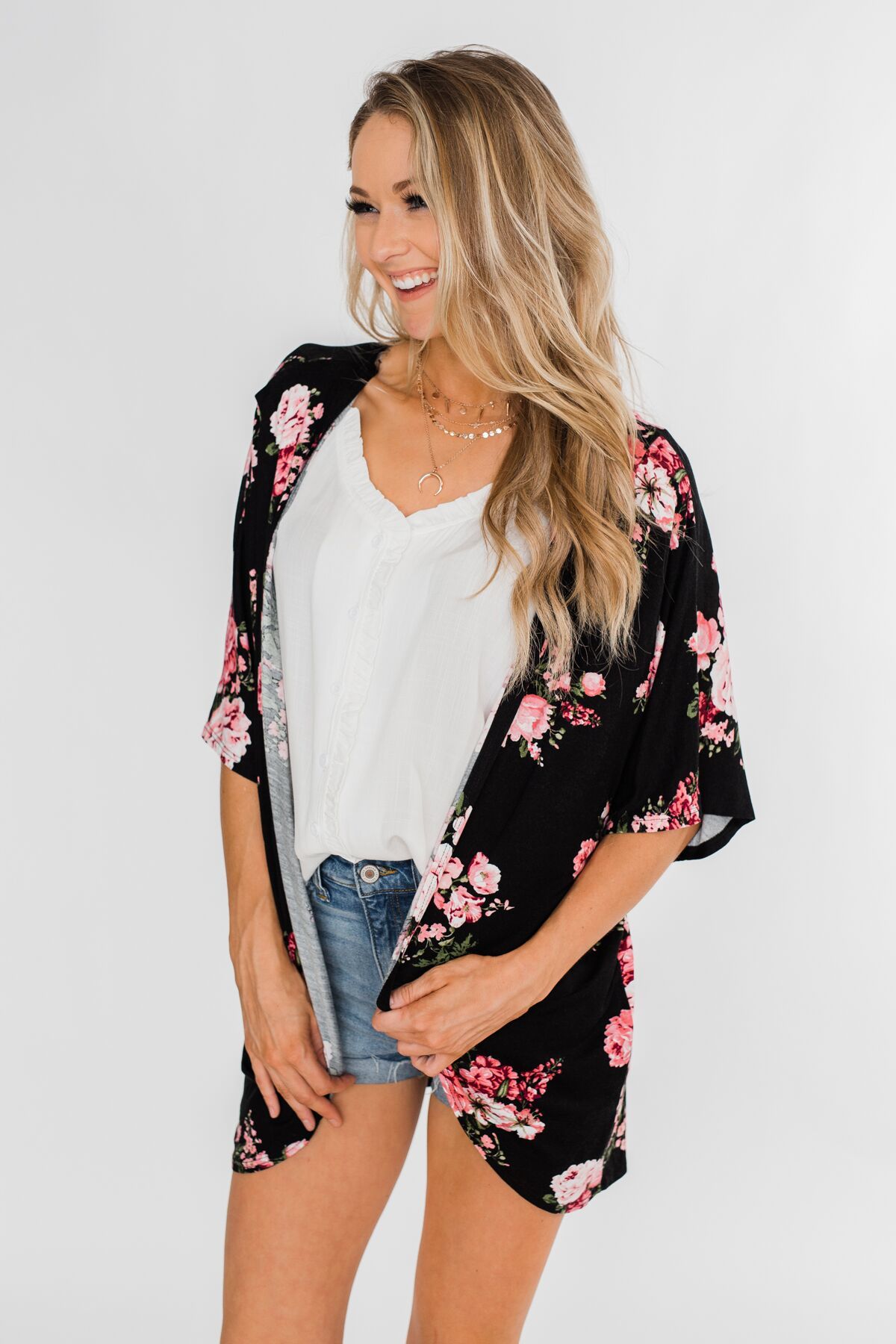 You Make Me Speechless Floral Kimono- Black