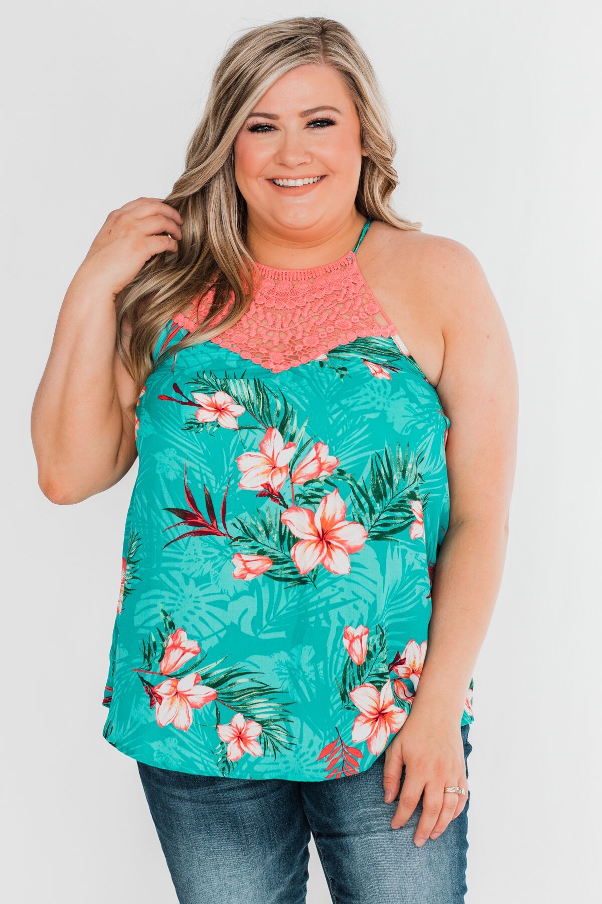 Tropical Crochet Halter Tank Top- Teal