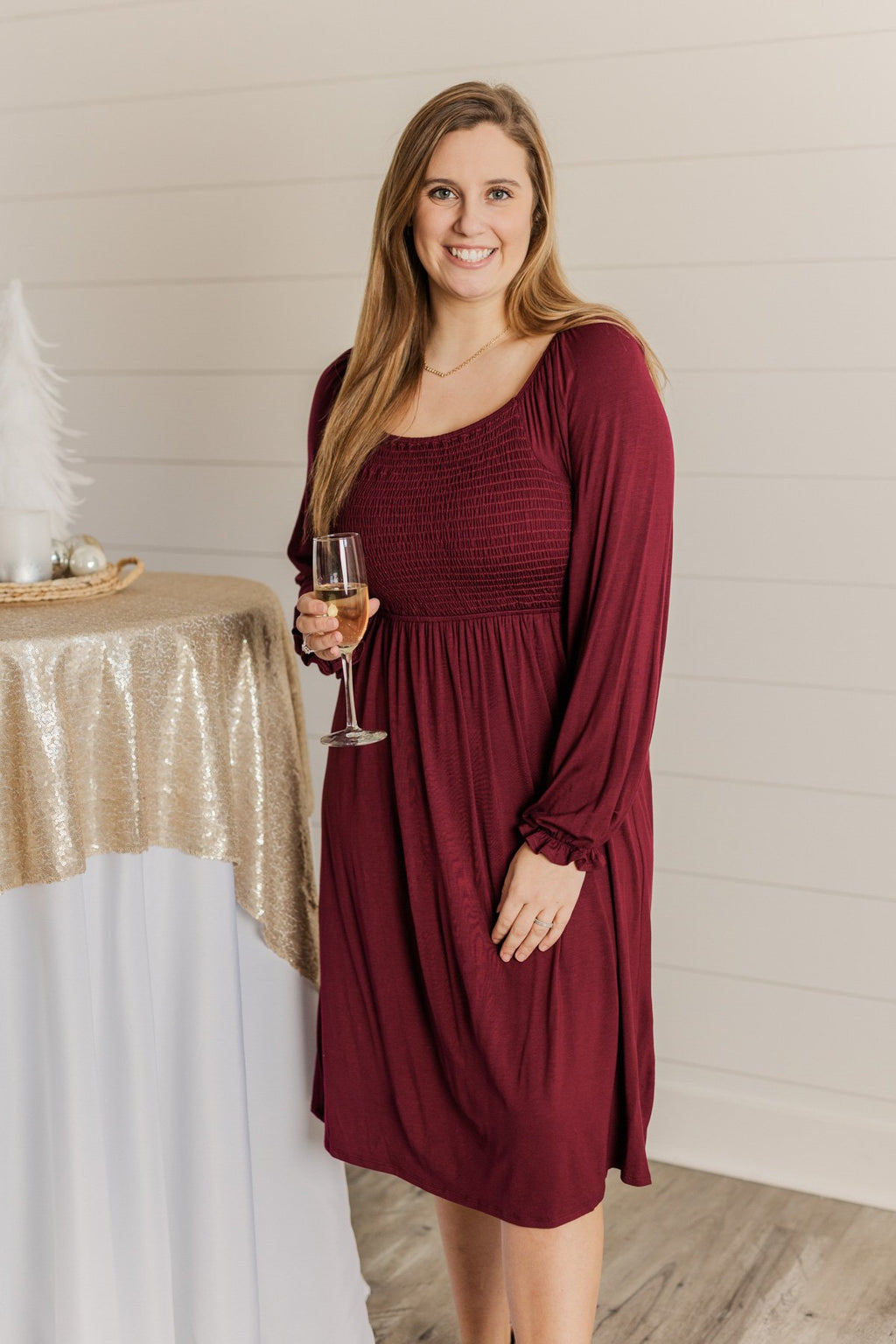 Lost In Memories Long Sleeve Dress- Wine
