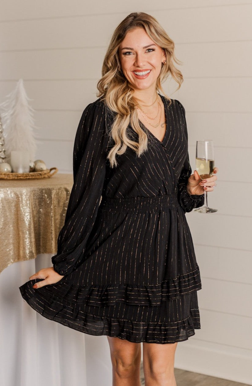 Shining Star Long Sleeve Dress- Black & Gold Shining Star Long Sleeve Dress- Black & Gold