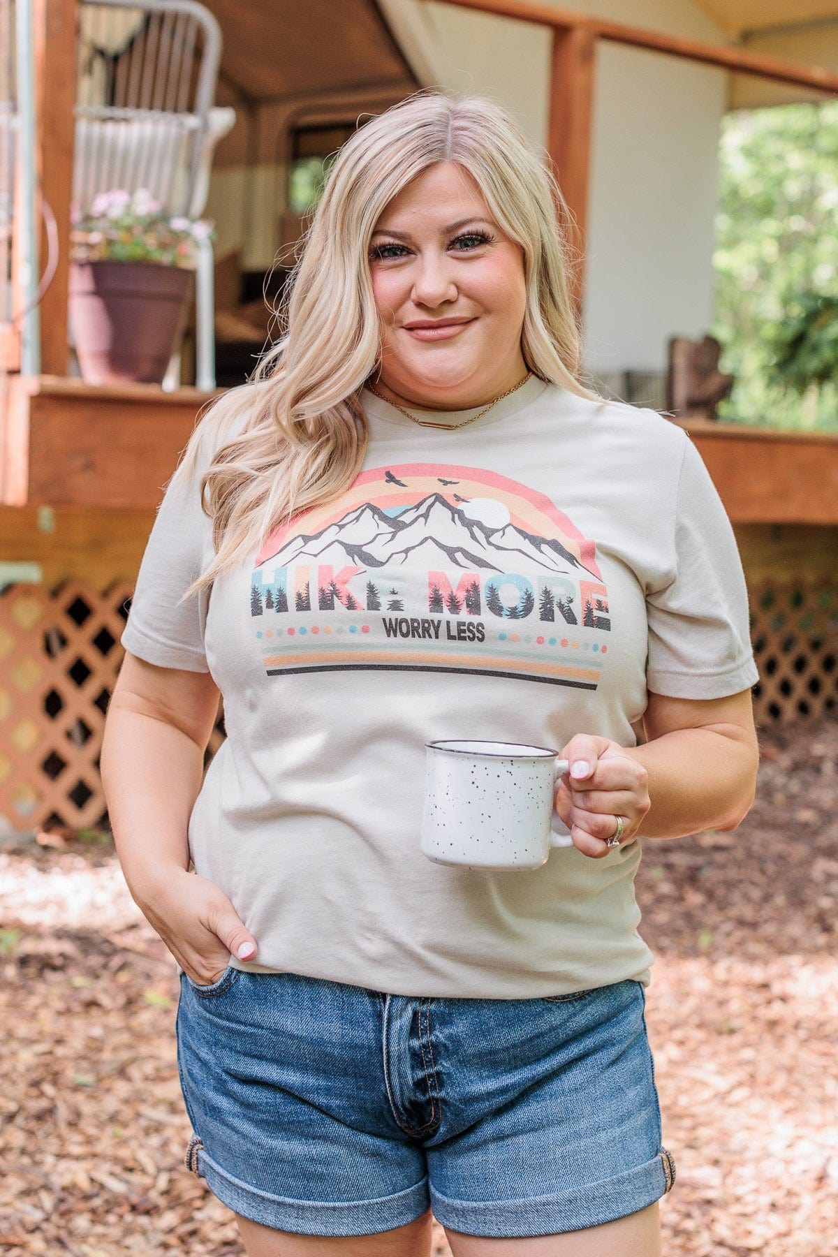 "Hike More, Worry Less" Graphic Tee- Beige