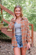 Never Stop Exploring Button Down Top- Rust & Blue