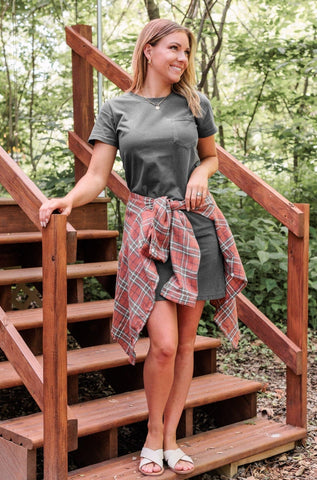 T shirt dress and flannel top
