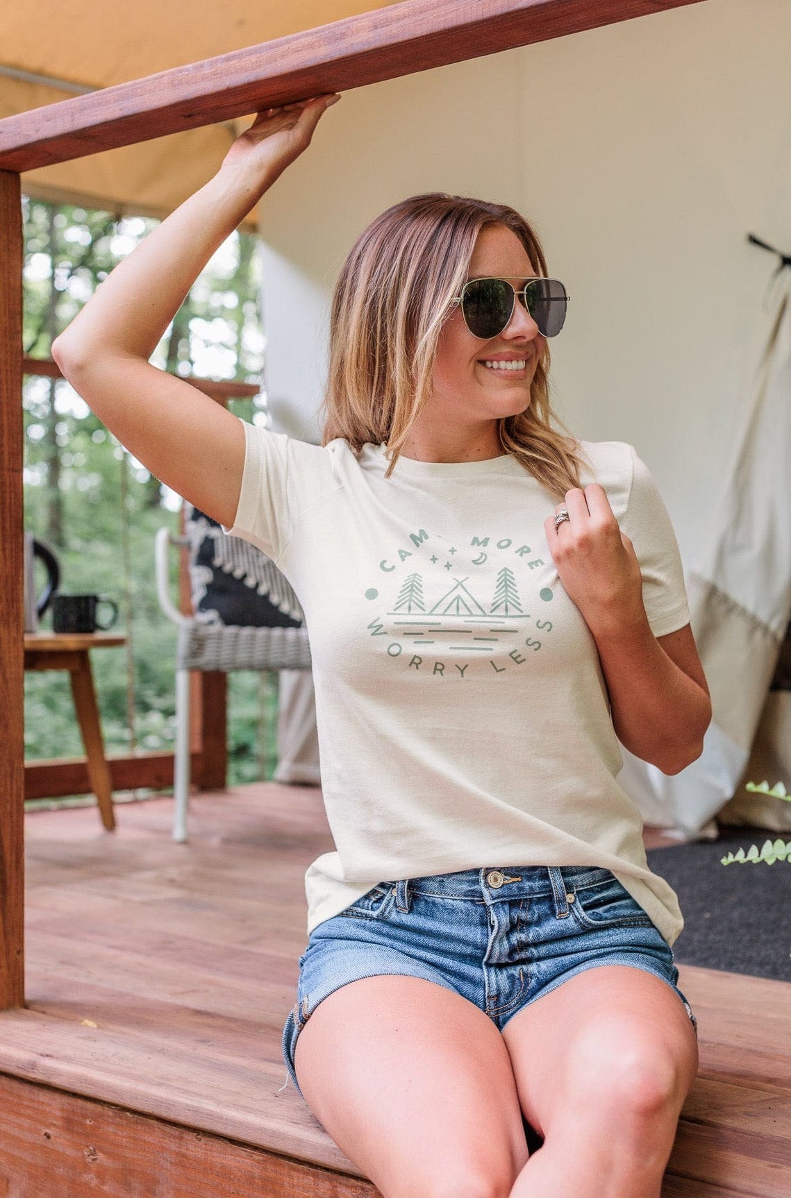 "Camp More, Worry Less" Graphic Tee- Cream