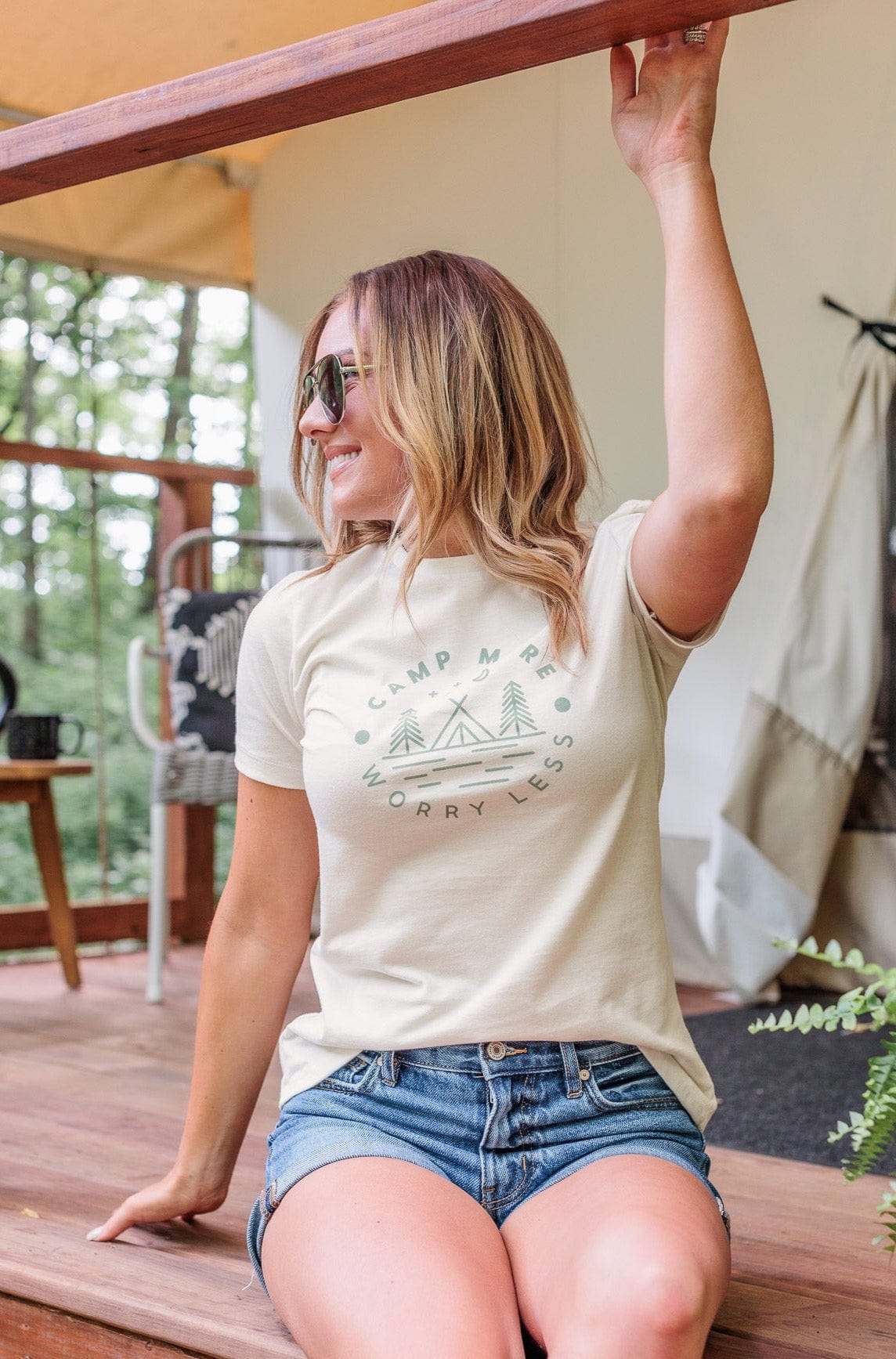 "Camp More, Worry Less" Graphic Tee- Cream