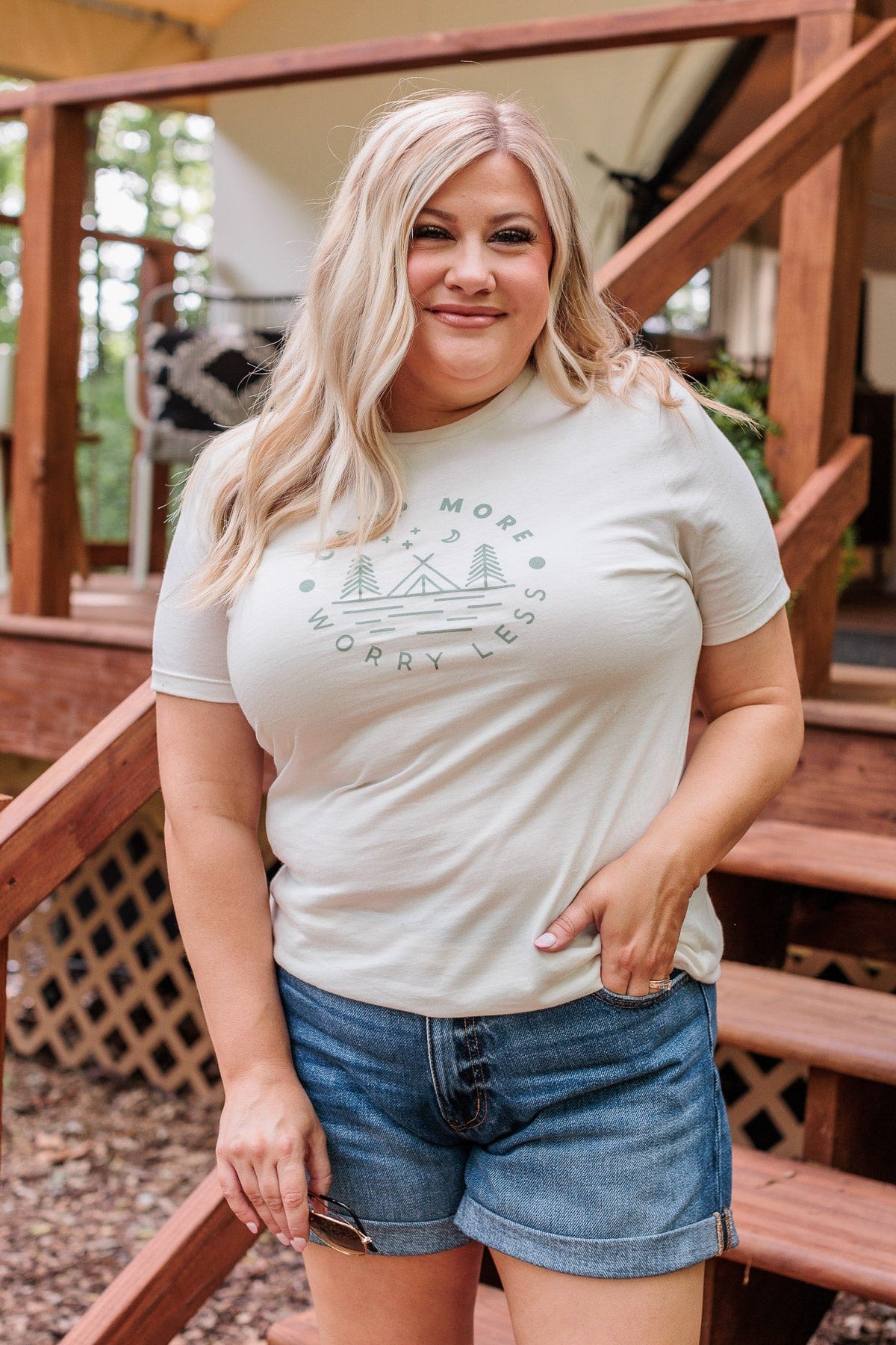 "Camp More, Worry Less" Graphic Tee- Cream