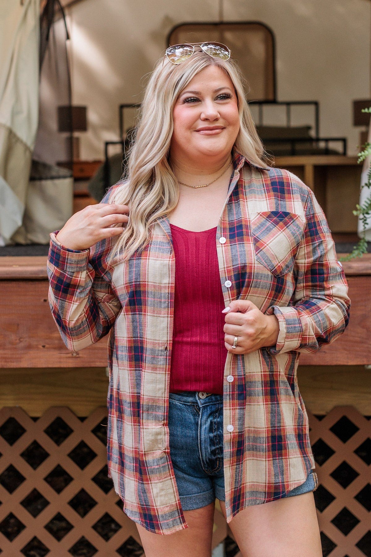 Starry Skies And Fireflies Button Down Top- Beige & Navy