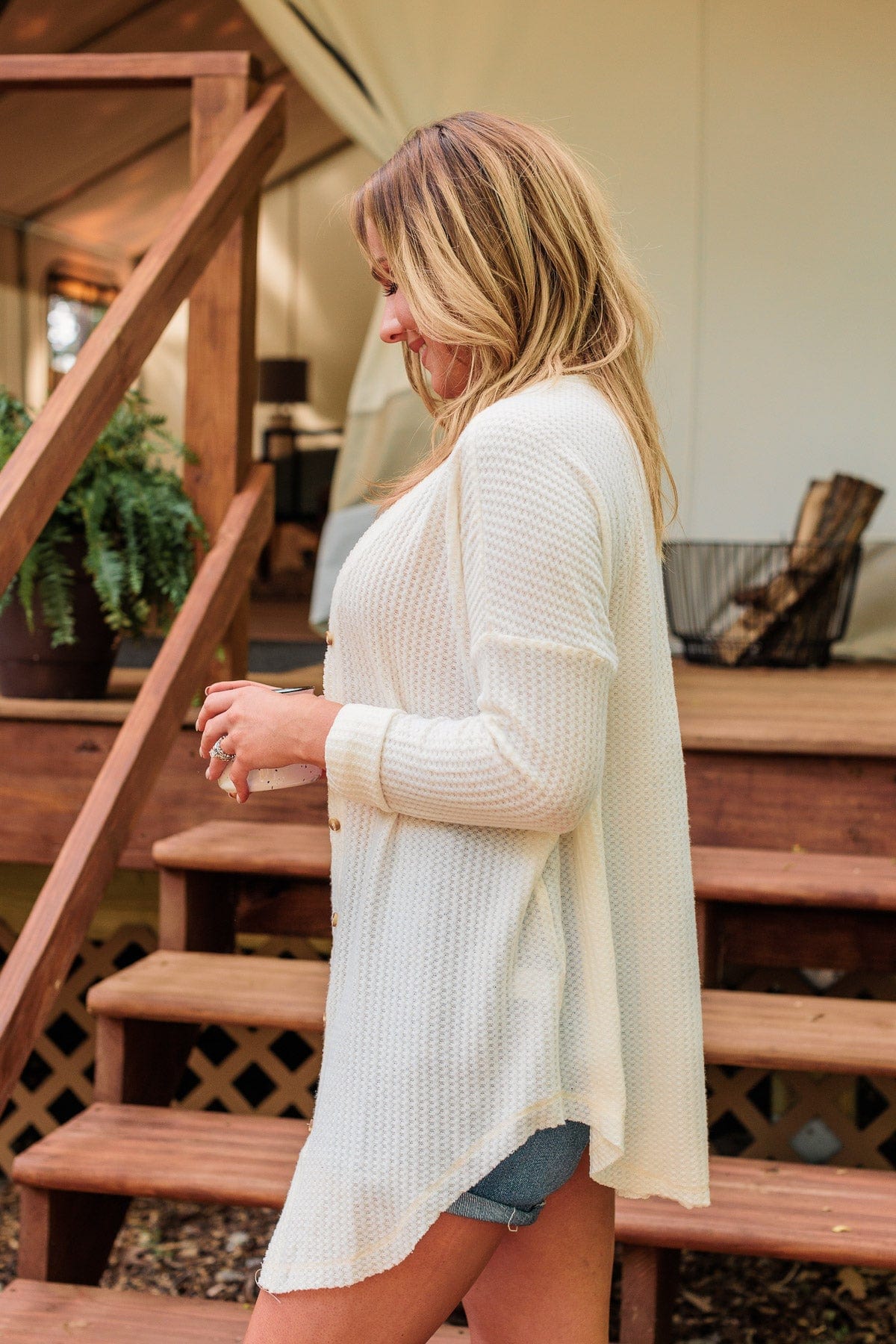 Campfire Cozy Waffle Knit Button Top- Cream