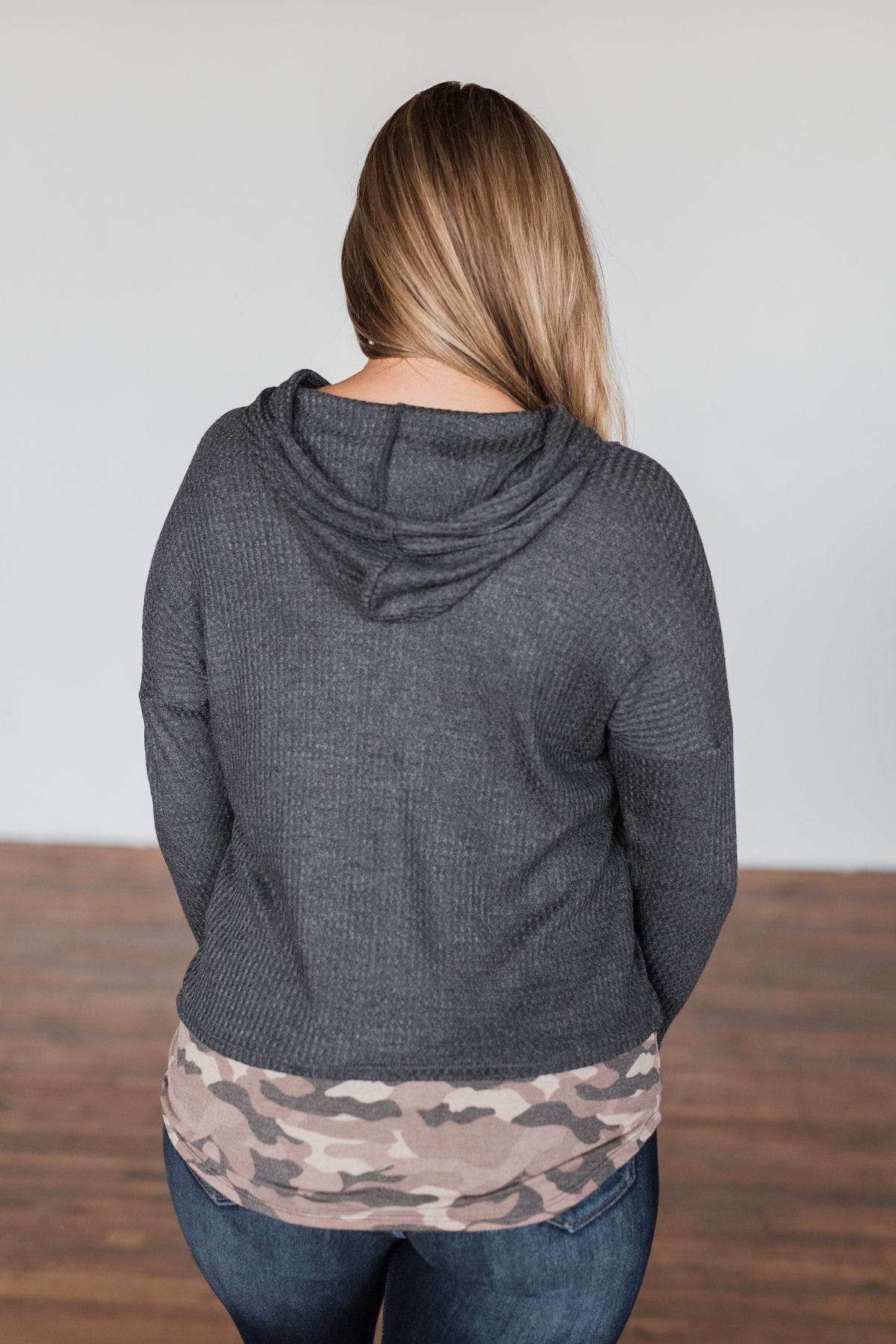 Keep It Real Lightweight Knit Hoodie- Charcoal & Camo