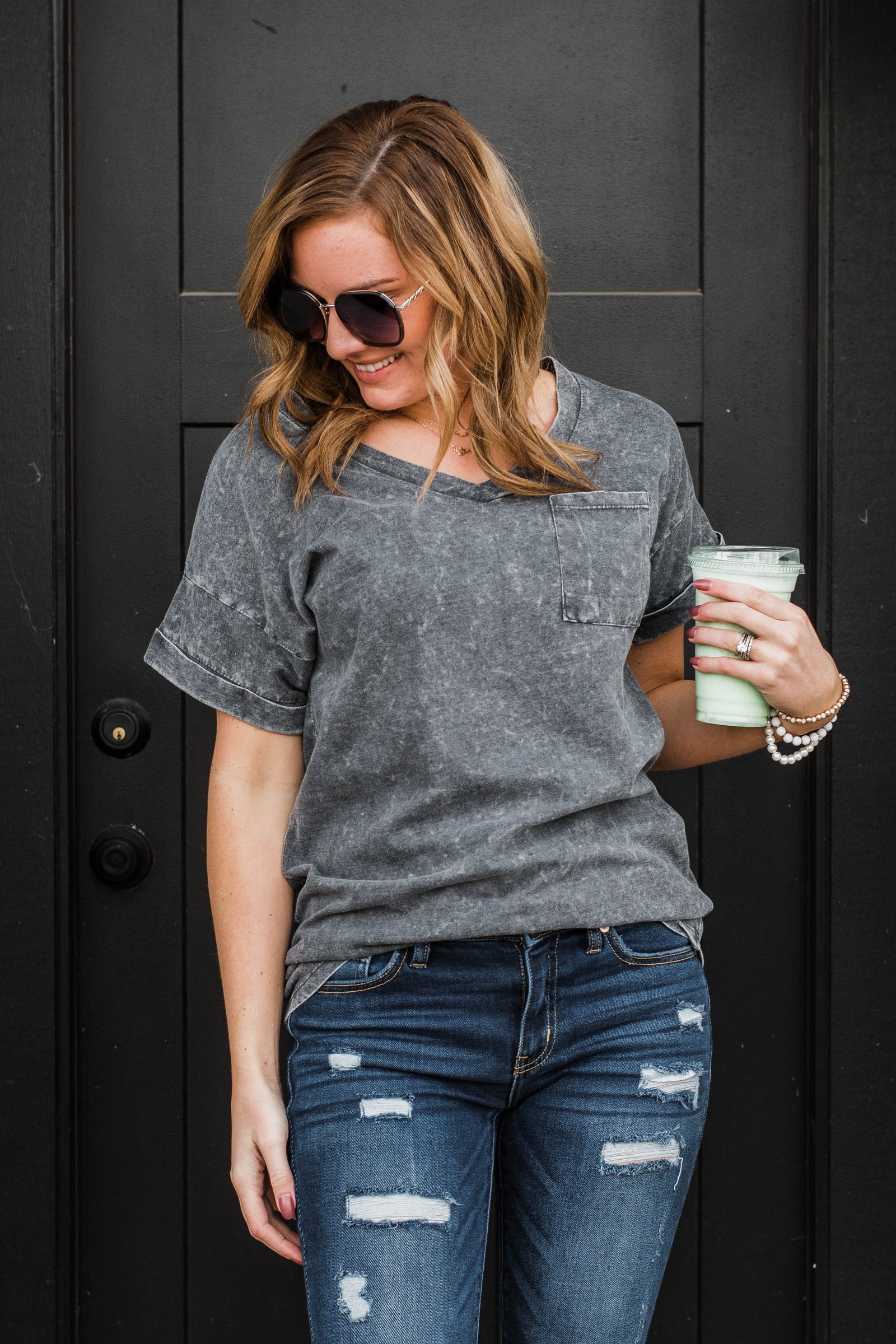 Vintage Love V-Neck Pocket Top- Black