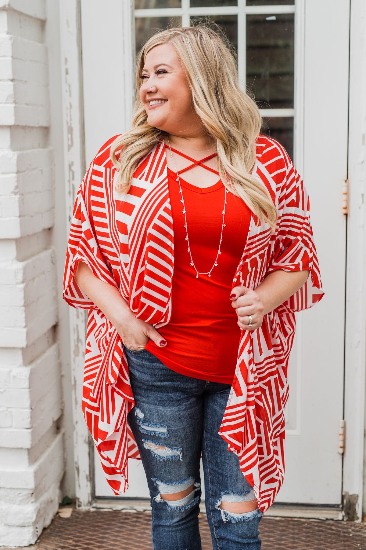 Radiant in Red Short Sleeve Kimono- Ivory