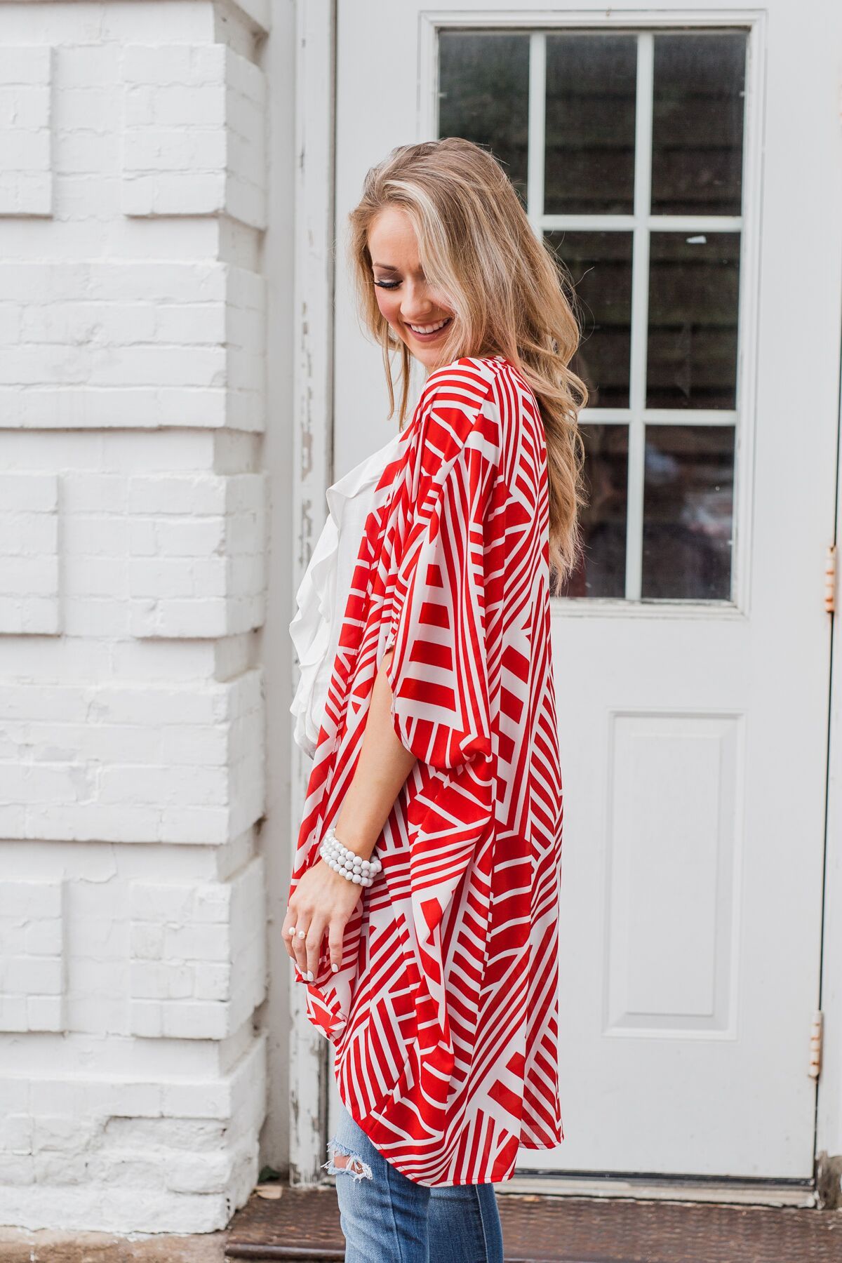 Radiant in Red Short Sleeve Kimono- Ivory