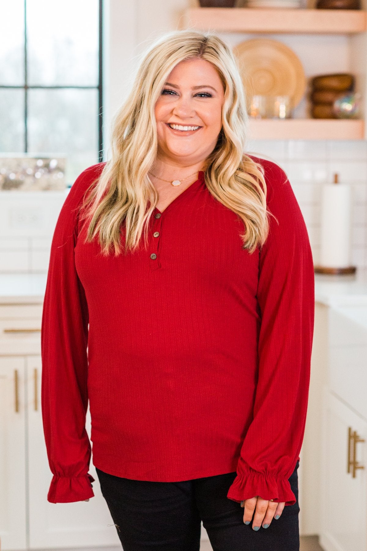 Sail Away With Me Knit Button Top- Holiday Red