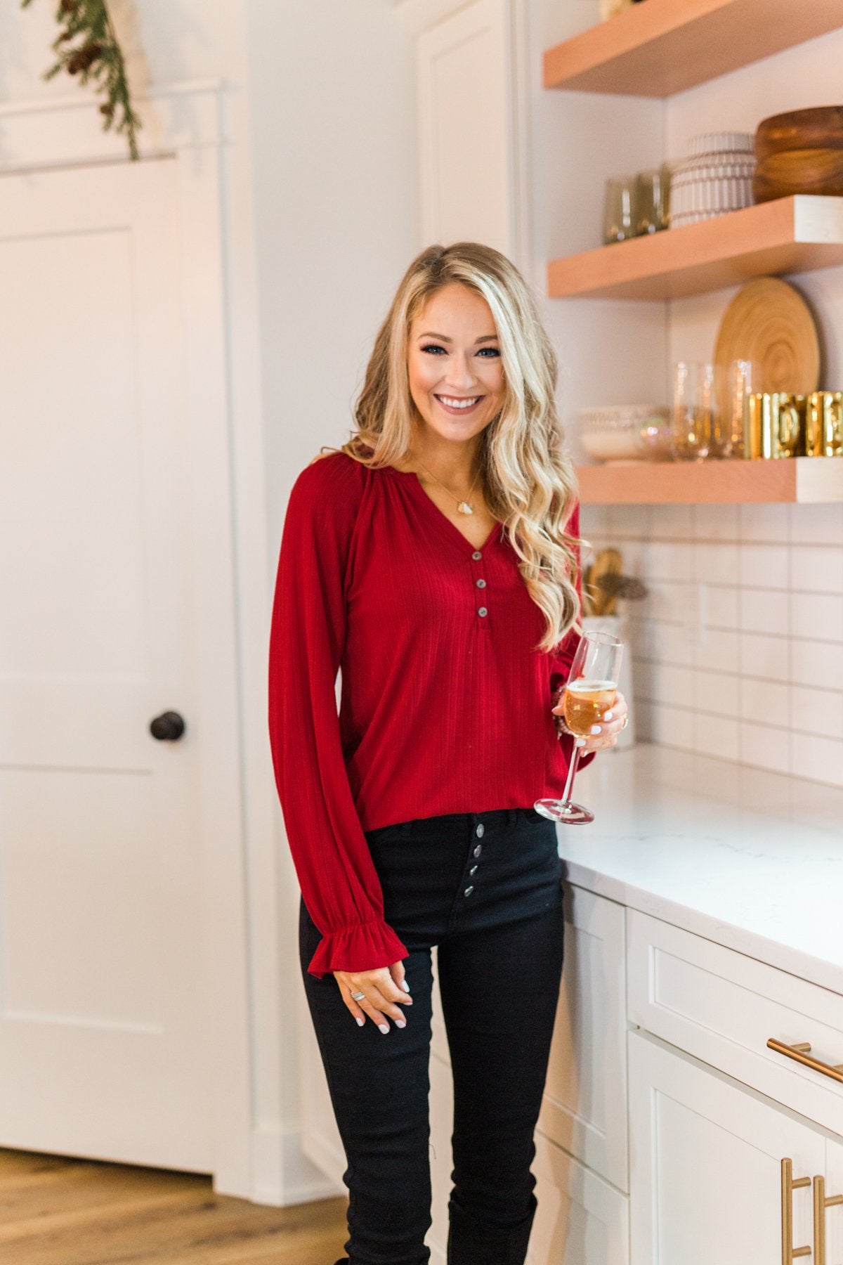 Sail Away With Me Knit Button Top- Holiday Red