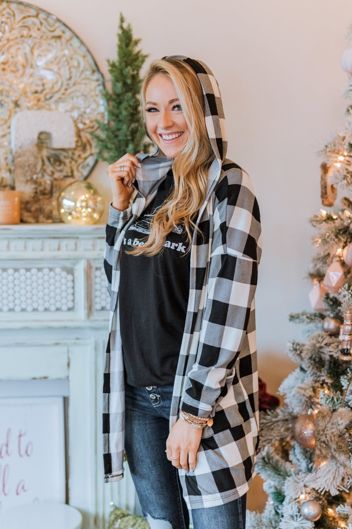 Looking Back To You Hooded Cardigan- Black & Off White