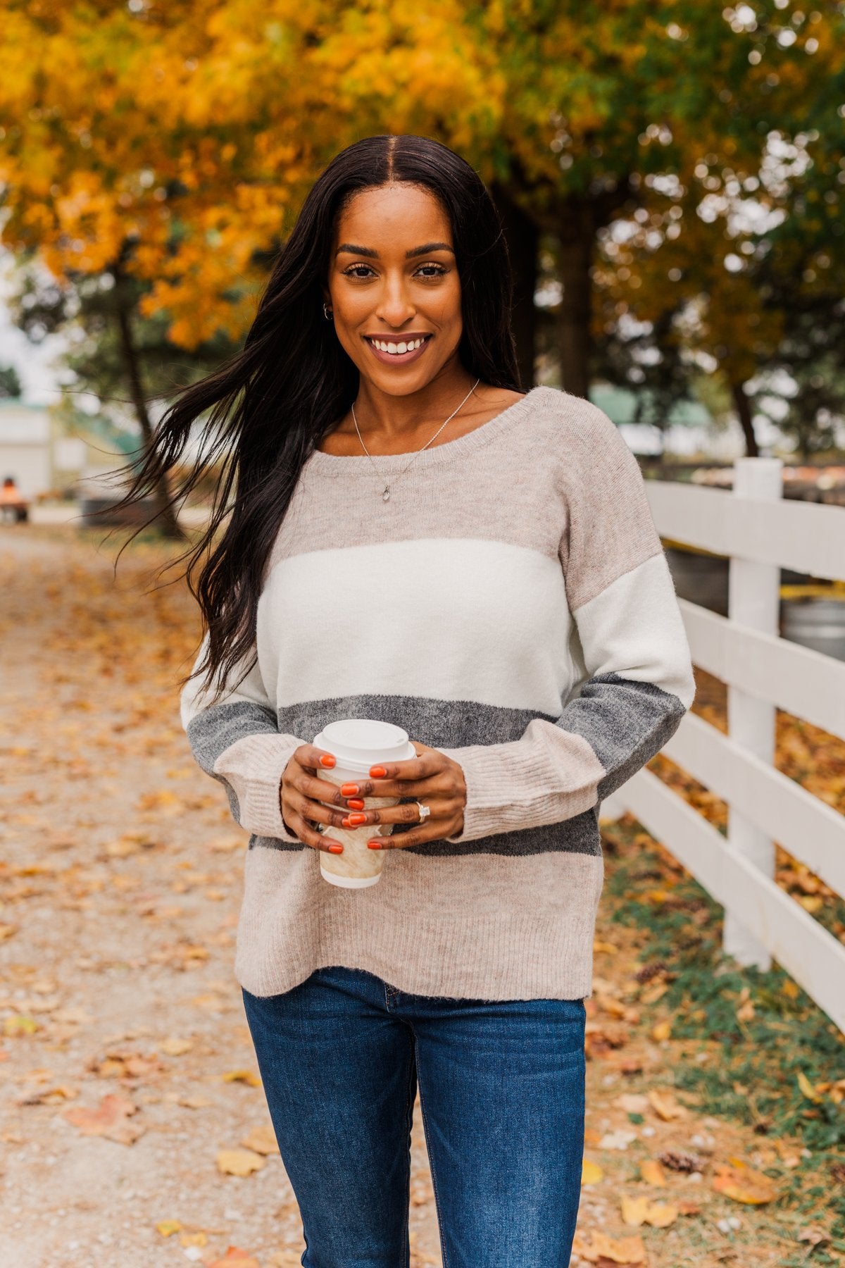 Inspirational Sights Color Block Sweater Beige Charcoal The Pulse Boutique