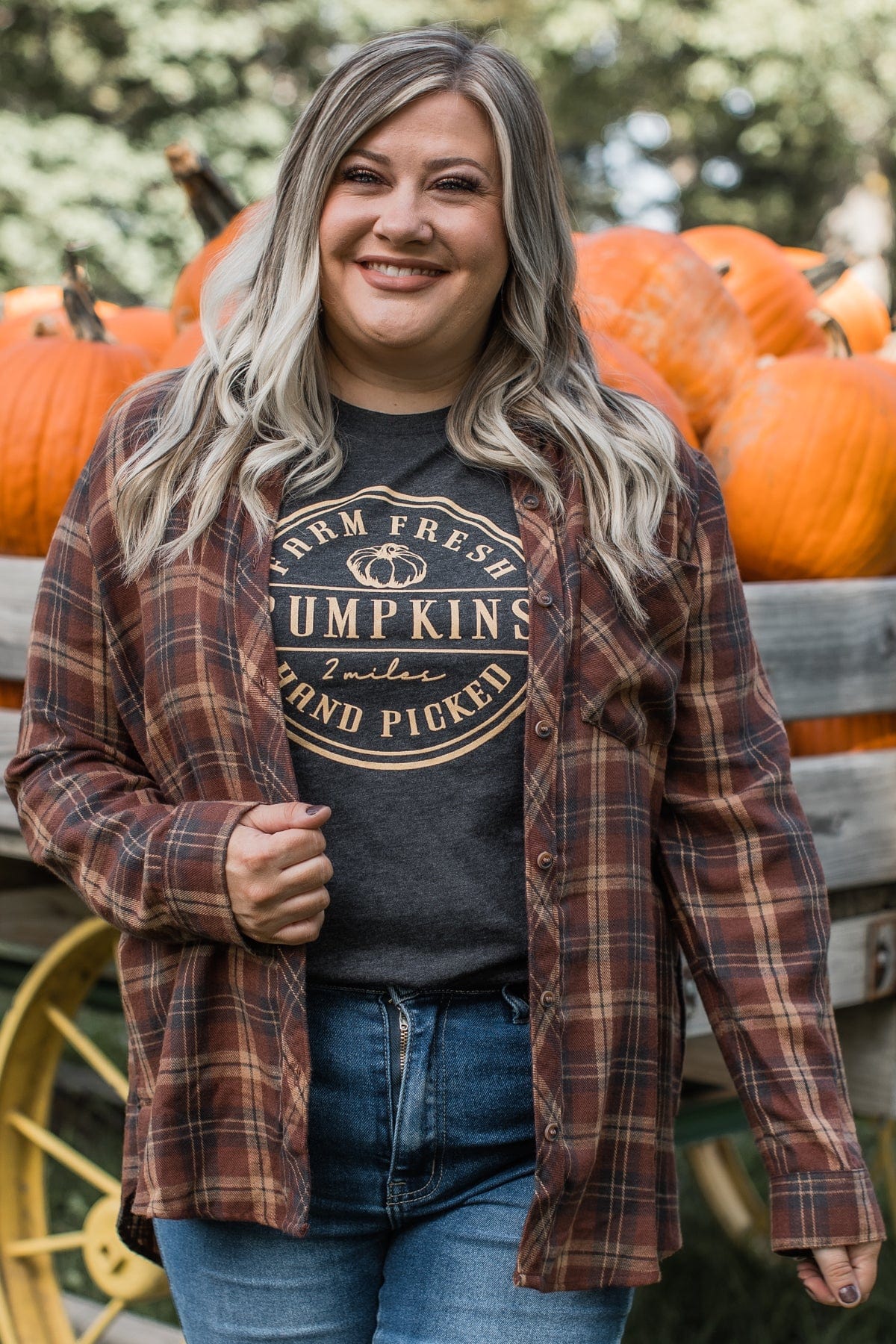 Autumn Nights Plaid Button Top- Brown