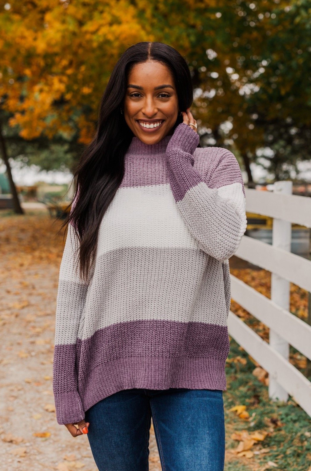 Cozy Looks Color Block Sweater- Purples, Ivory, Grey