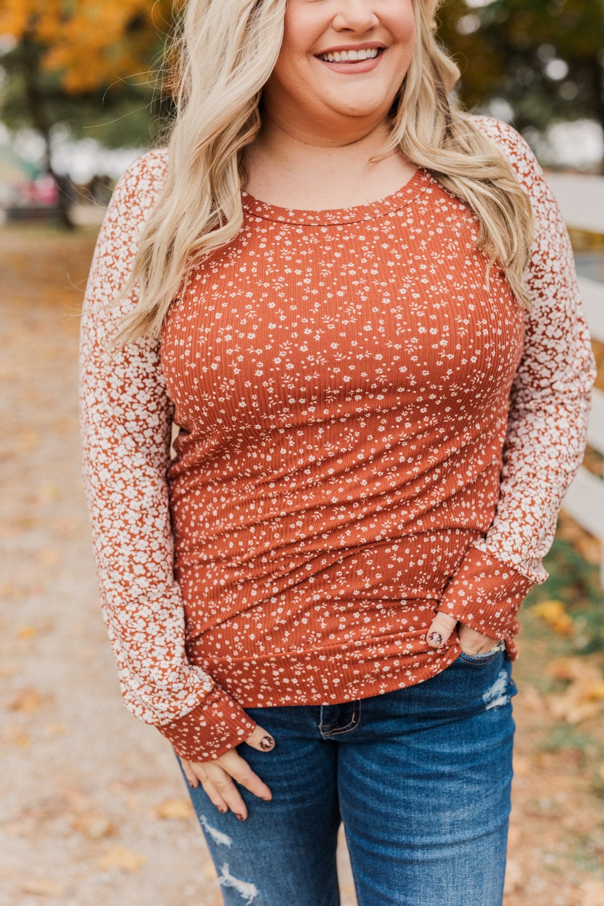Radiant Joy Ribbed Floral Top- Rust