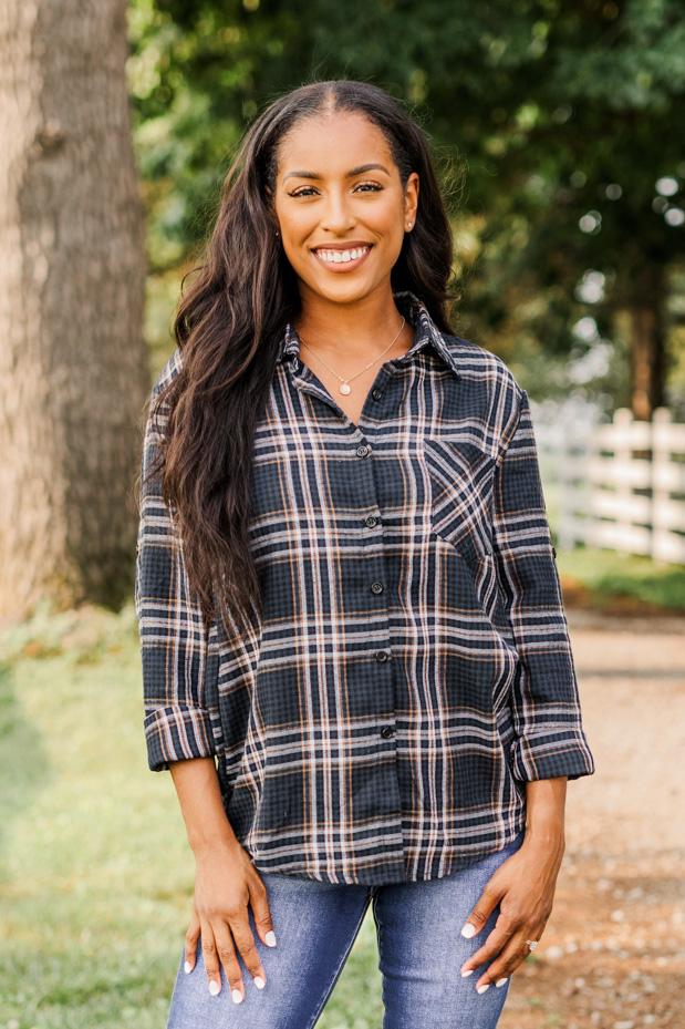 Made Up My Mind Plaid Button Top- Navy & Camel