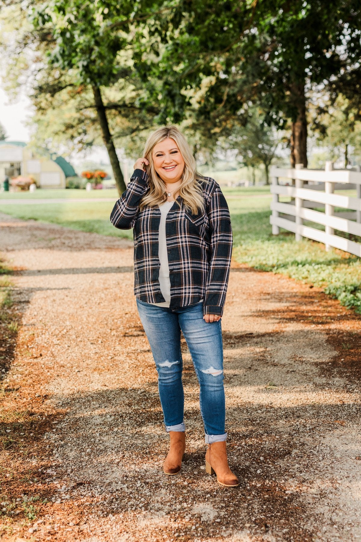Made Up My Mind Plaid Button Top- Navy & Camel