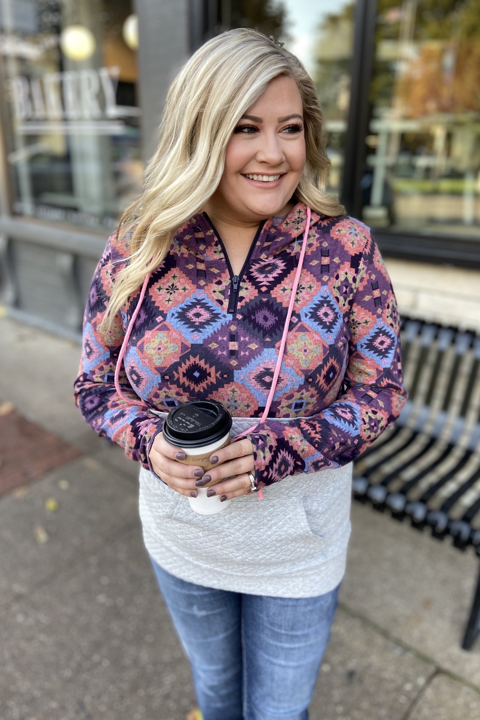 Aztec Quilted Drawstring Hoodie- Grey, Pink, & Purple Tones