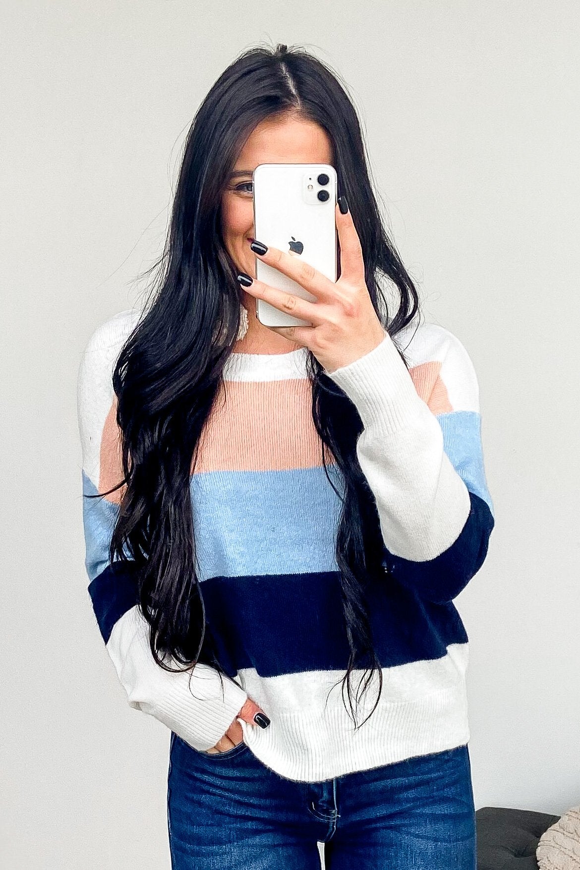 A New Day Color Block Sweater- Dusty Peach, Baby Blue, Navy