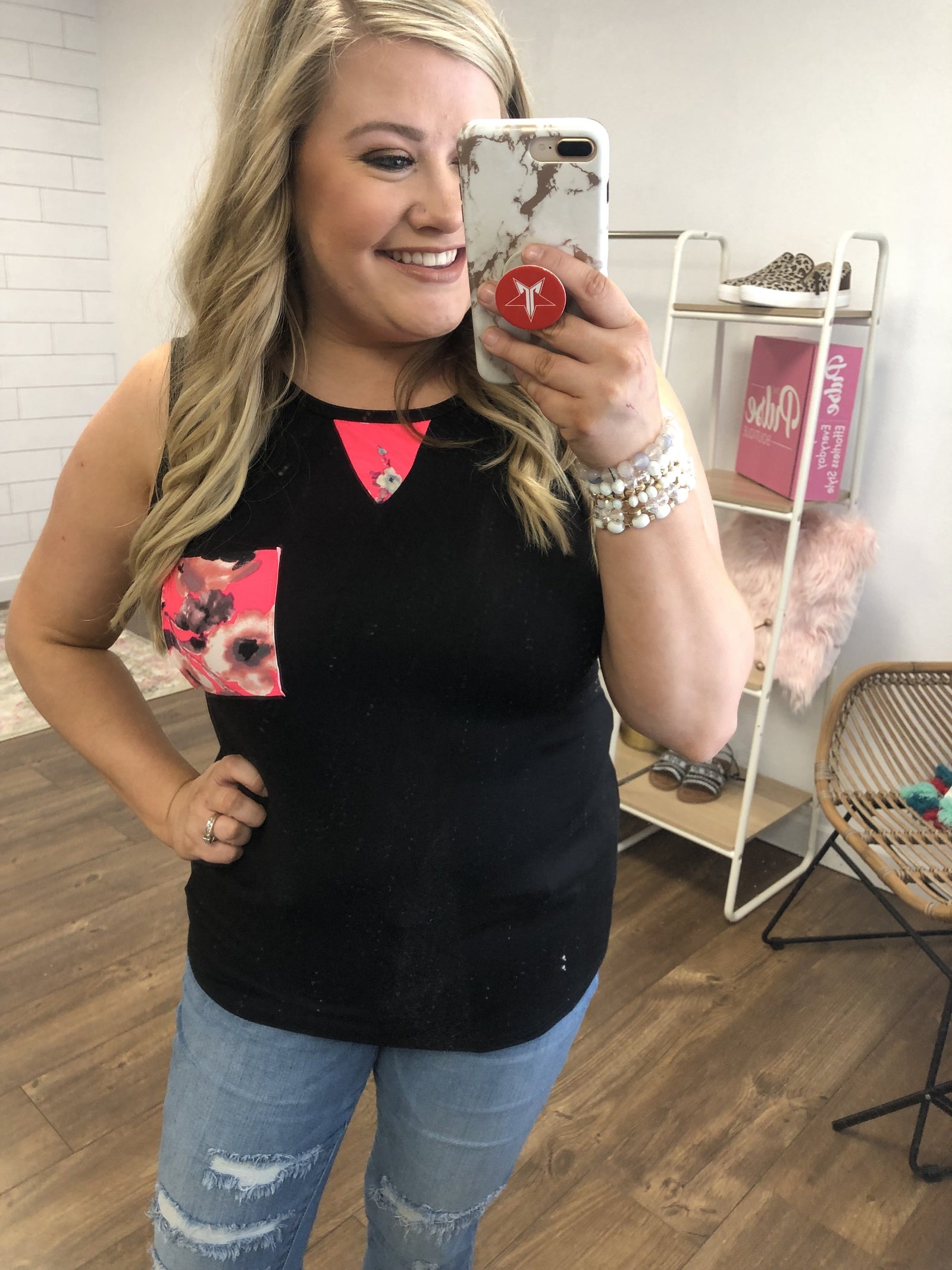 What's Next Floral Pocket Tank Top- Black & Neon Pink