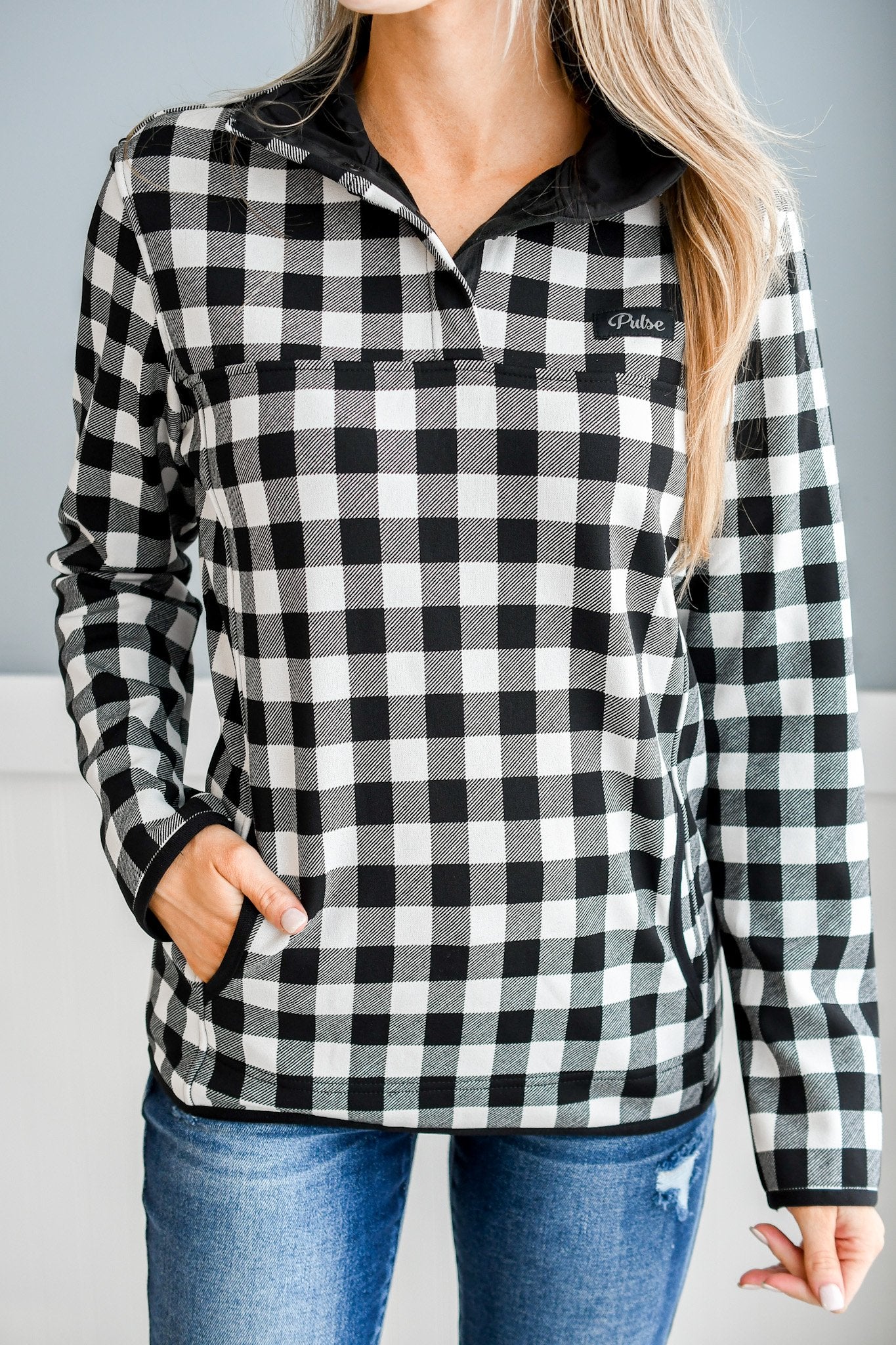 'Tis The Season 1/4 Button Pullover- White Buffalo Plaid