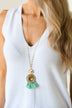 Round Pendant & Tassel Gold Necklace- Mint Blue