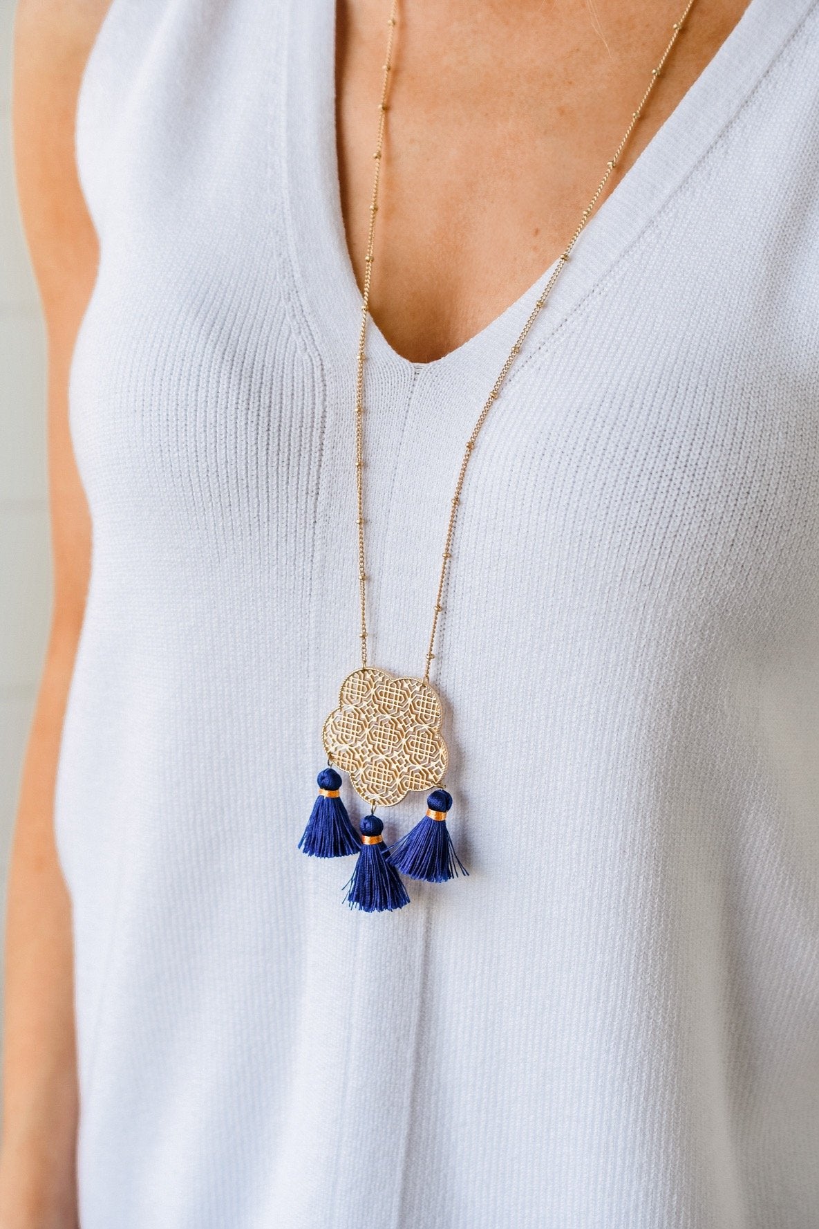 Charmingly Cheerful Pendant Necklace- Dark Blue