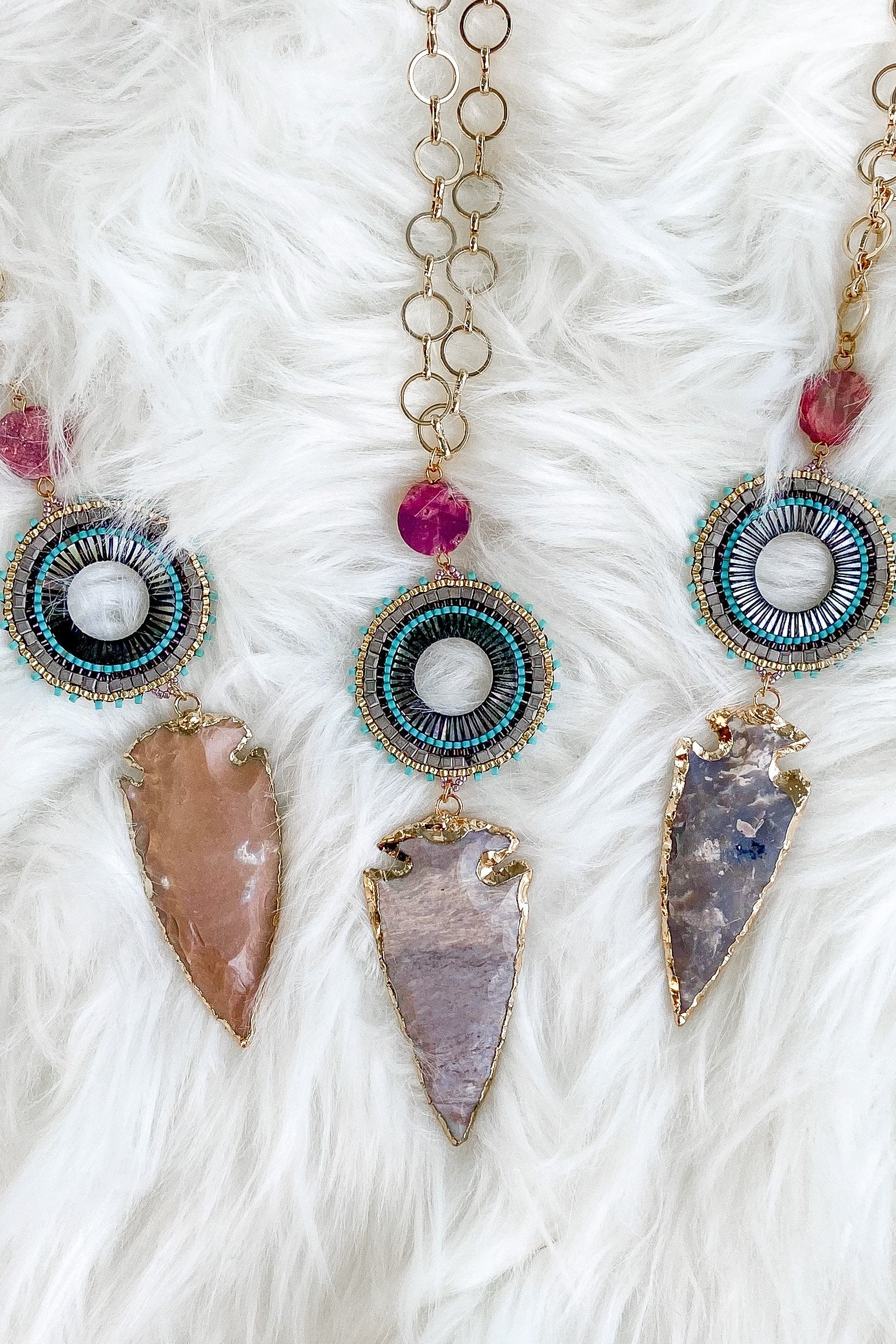 Long Arrowhead Pendant Gold Necklace- Blue