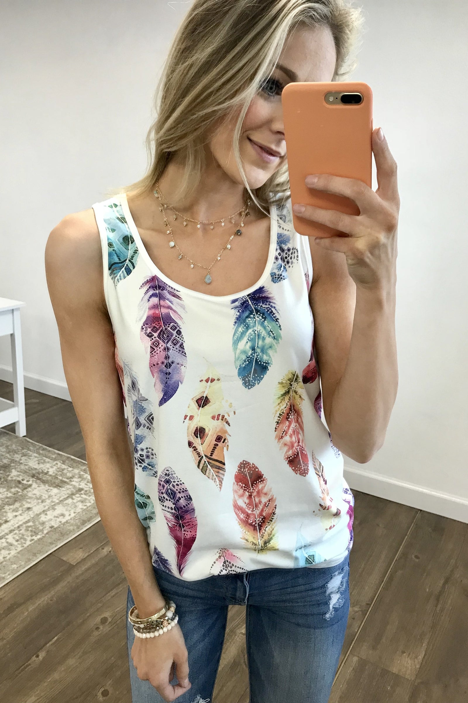 Catching Dreams Aztec Feather Tank Top- Ivory