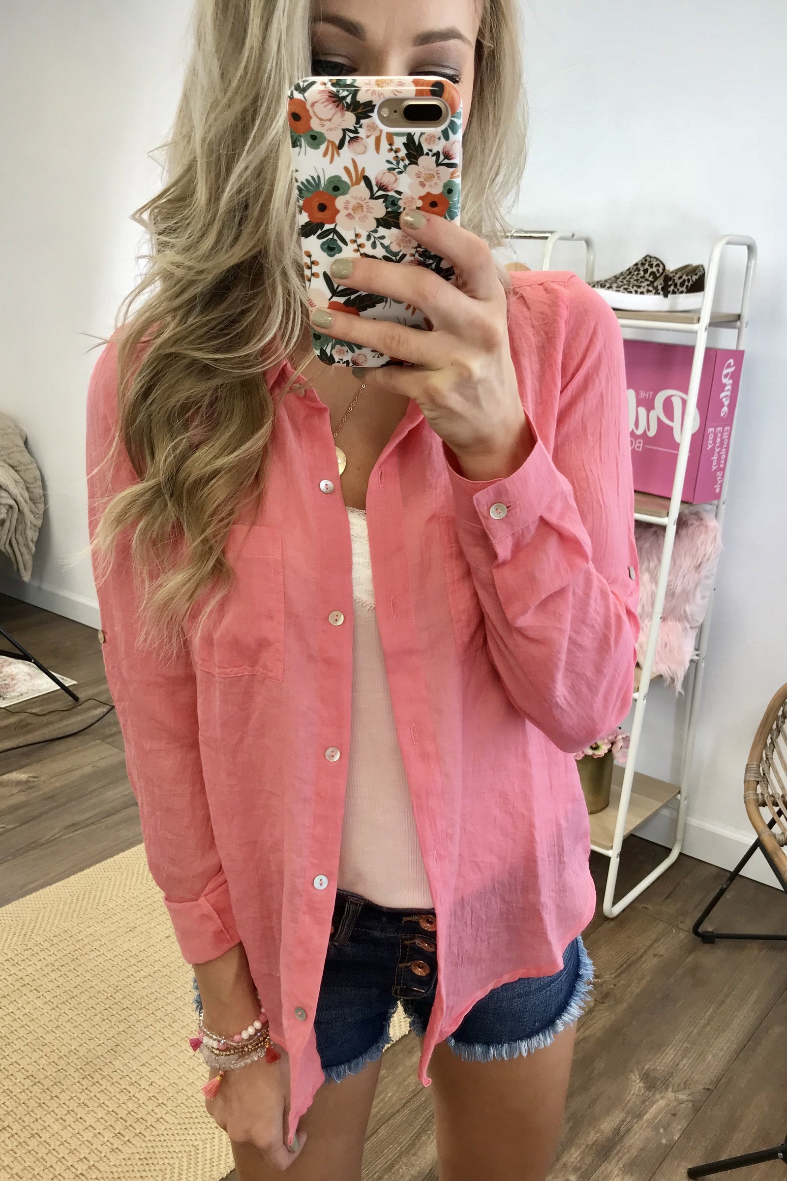 Button Up Chambray Top- Blush