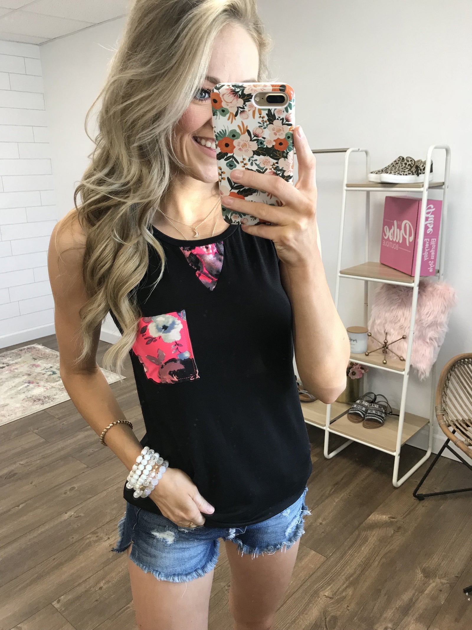 What's Next Floral Pocket Tank Top- Black & Neon Pink