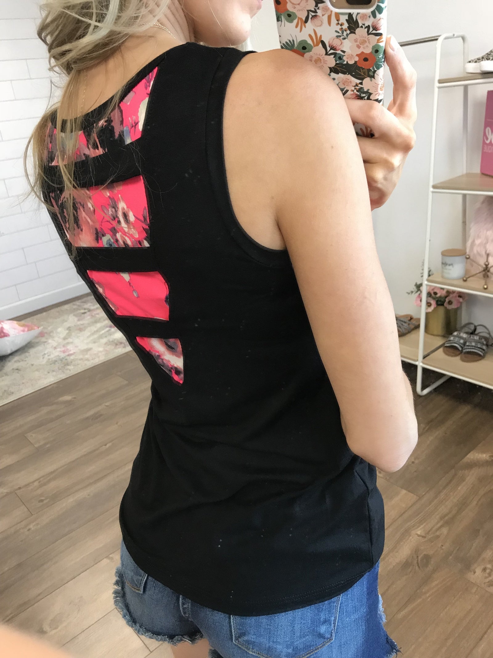 What's Next Floral Pocket Tank Top- Black & Neon Pink